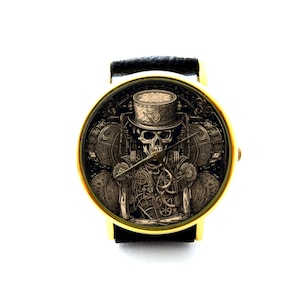 Reloj de cuero de calavera Steampunk, reloj de esqueleto Steampunk, reloj unisex, joyería Steampunk imagen 1