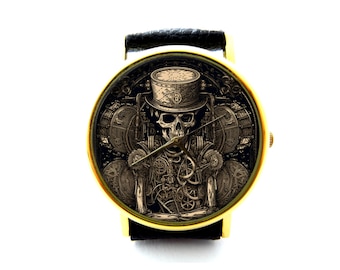 Steampunk Skull Leather Watch, Steampunk Skeleton Watch, Unisex Watch, Steampunk Jewelry