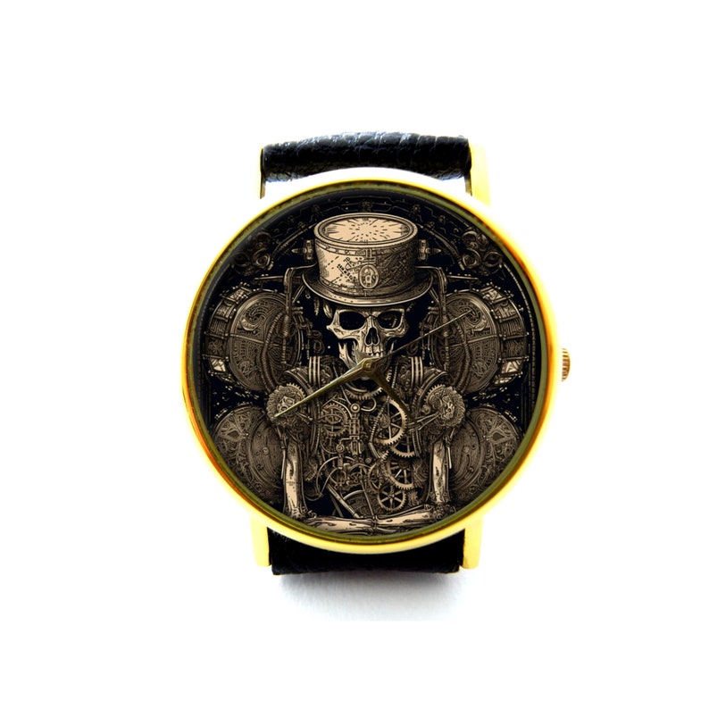 Reloj de cuero de calavera Steampunk, reloj de esqueleto Steampunk, reloj unisex, joyería Steampunk imagen 1