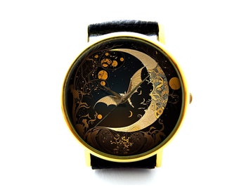 Bat and Moon Leather Watch, Bat Ladies Watch, Unisex Watch, Moon Jewelry Gift