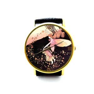 Leren herfstfeehorloge, antiek sprookjesdameshorloge, uniseks horloge, sprookjessieraden