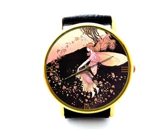 Autumn Fairy Leather Watch, Antique Fairy Ladies Watch, Unisex Watch, Fairy Tale Jewelry