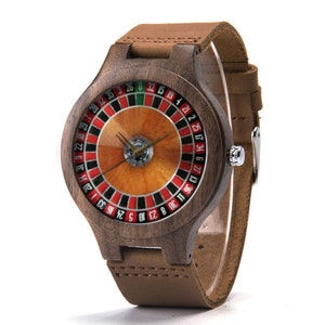 Roulette Wood Leather Watch, Game Wood Watch, Winnings Wood Watch, Man Size Watch, Casino Wood Watch, Roulette Jewelry