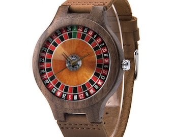 Reloj de cuero de madera de ruleta, reloj de madera de juego, reloj de madera de ganancias, reloj tamaño hombre, reloj de madera de casino, joyería de ruleta