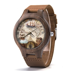 Navigation auf See Leder Holzuhr, Kompass Holzuhr, Kartenuhr, Herrenuhr, Kartenschmuck