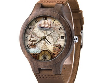 Navigation at sea Leather Wood Watch, Compass Wood Watch, Map Watch, Man Size Watch, Map Jewelry