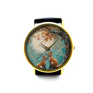 Oil Effect Print Loving Foxes Leather Watch, Fox Unisex Watch, Personalized Watch, Not Real Oil Printing, It&#39;s Flat Printing