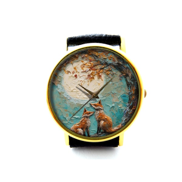 Öl-Effekt-Druck Loving Foxes Lederuhr, Fuchs Unisex Uhr, personalisierte Uhr, kein echter Öldruck, es ist flacher Druck