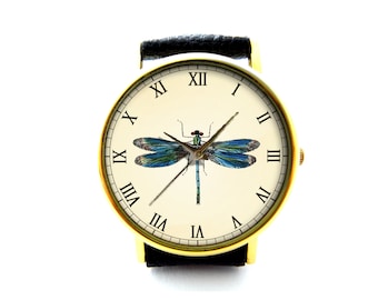 Vintage Libelle Lederuhr, Libelle Uhr, Unisex Uhr, Damenuhr, Herrenuhr, Muster 1