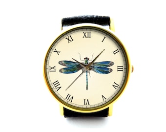 Vintage Dragonfly läderklocka, Dragonfly klocka, Unisexklocka, Damklocka, Herrklocka, Mönster 1