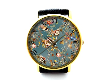Floral Print Leather Watch, Floral Watch, Butterfly Watch, Ladies Watch, Mens Watch, Unisex Watch, Birds Jewelry