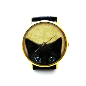ハロウィンキティレザーウォッチ、黒猫ハロウィンウォッチ、ユニセックスウォッチ、かわいい子猫ジュエリー