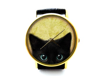 Halloween Kitty Leather Watch, Black Cat Halloween Watch, Unisex Watch, Cute Kitten Jewelry