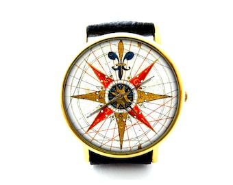 Compass Leather Watch, Vintage Compass Watch, Antique Compass Watch, Compass Watch, Ladies Mens Watch, Compass Jewelry, Pattern 2