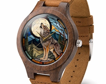Wolf Stained Glass Wooden Watch, Moonlit Forest Animal Art Gift