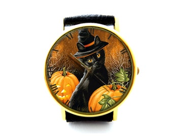Black Cat Pumpkin Leather Watch, Halloween Ladies Watch, Black Cat Watch, Unisex Watch, Black Cat Jewelry, Vintage Style Jewelry