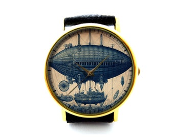 Leren steampunk-luchtschiphorloge, steampunkhorloge, uniseks horloge, steampunk-sieraden