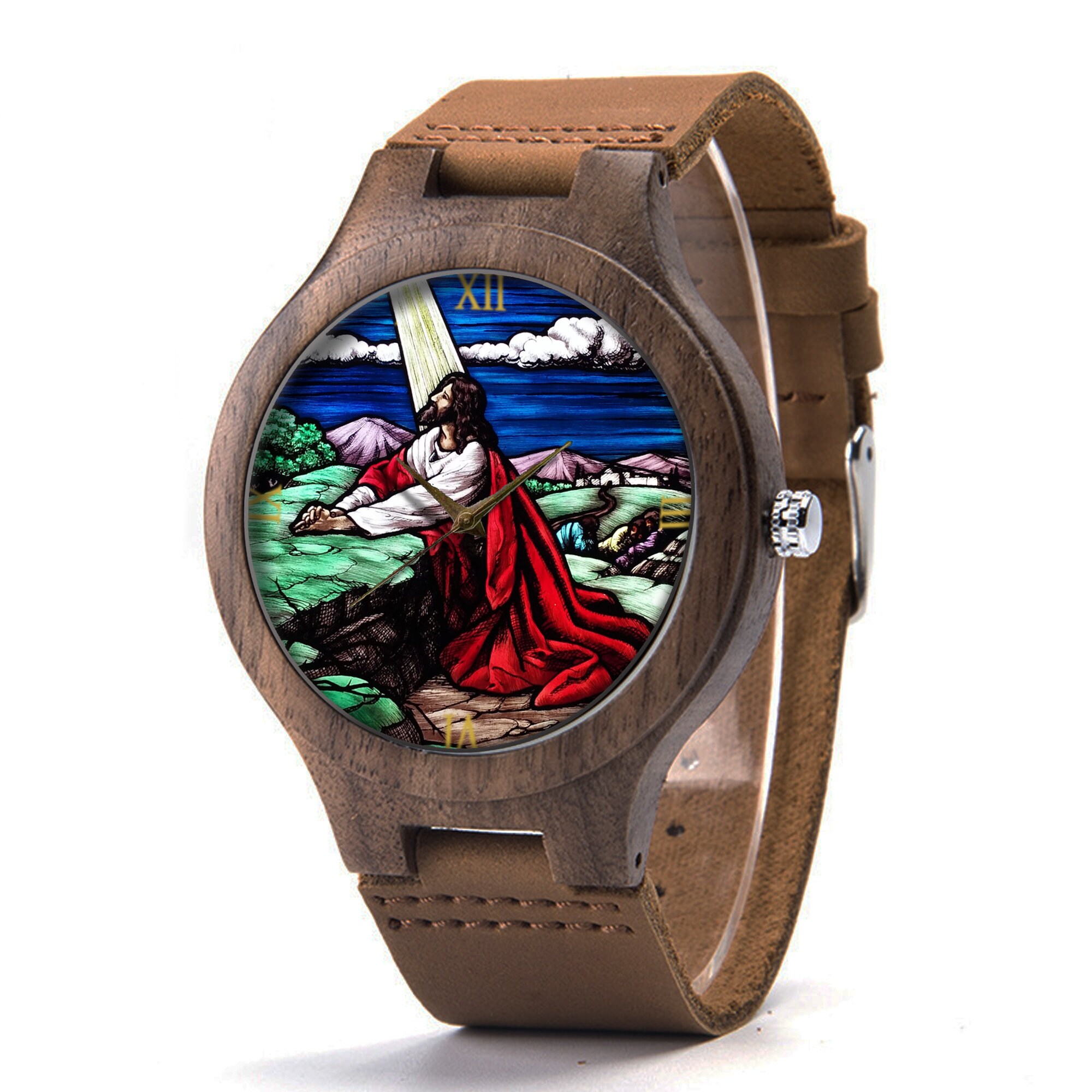 Messiah Watch Jesus Christ Praying Wood Leather Watch, Religious Wood Watch, Jesus ...