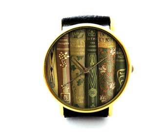 Library Book Leather Watch, Unisex Watch, Ladies Watch, Mens Watch, Pattern 2