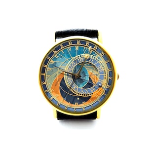 Prague Astronomical Clock Leather Watch, Steampunk Ladies Watch, Unisex Watch, Steampunk Astrology Jewellery