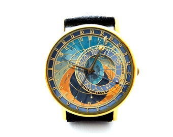 Praag Astronomische Klok Lederen Horloge, Steampunk Ladies Watch, Unisex Horloge, Steampunk Astrologie Sieraden