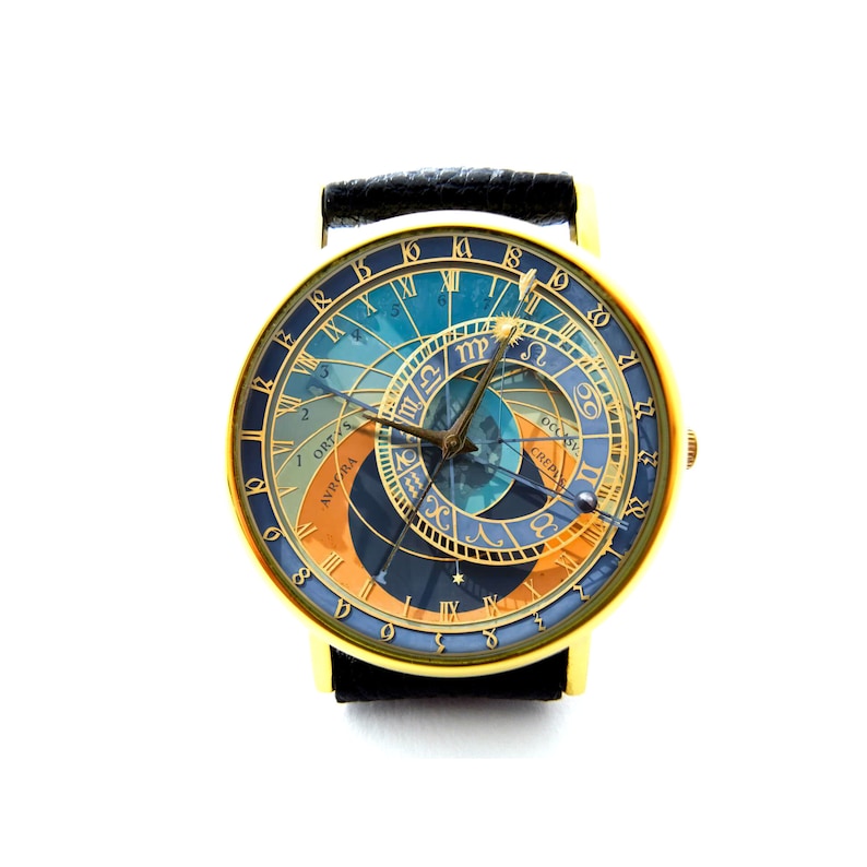 Prag Astronomische Uhr Lederuhr, Steampunk Damenuhr, Unisex Uhr, Steampunk Astrologie Schmuck Bild 1