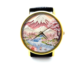 Paper Quilling Effect Print Mount Fuji Leather Watch, Japan cherry tree Watch, Unisex Watch, Not Real Paper Quilling, It's Flat Printing