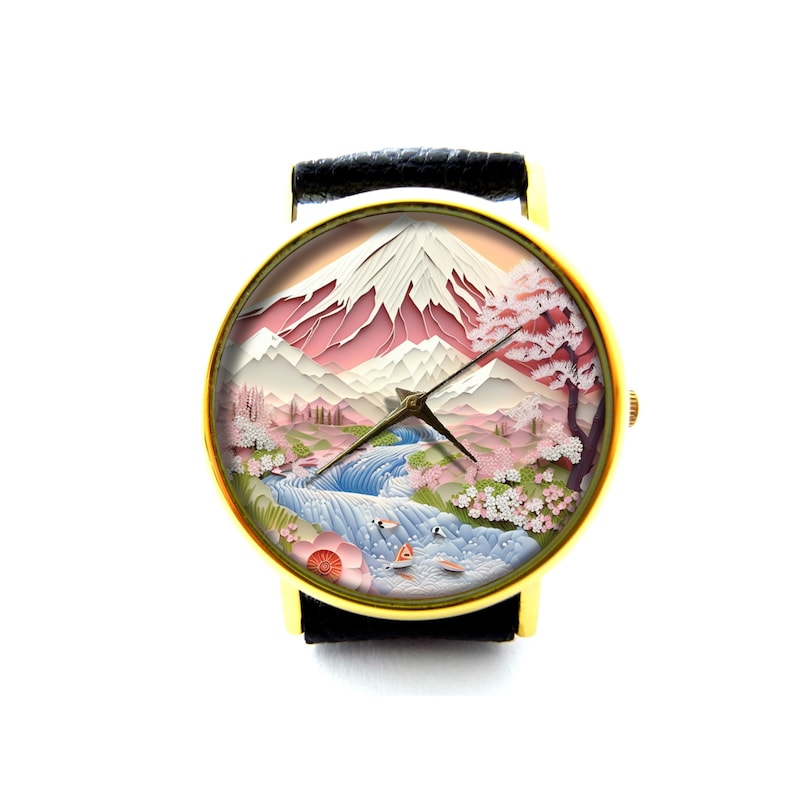 Pappersquilling-effekttryck med Mount Fuji-läderklocka, klocka med japanskt körsbärsträd, unisexklocka, inte äkta pappersquilling, det är platt tryck bild 1
