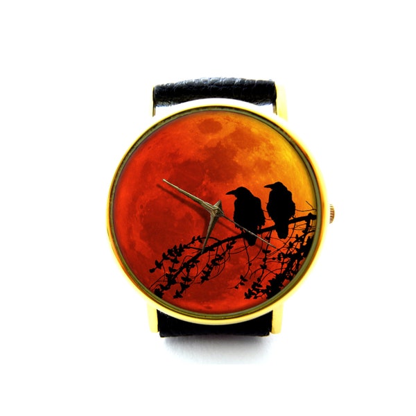 Raven In Tree Art Leather Watch, Raven Ladies Watch, Unisex Watch, Raven Jewelry