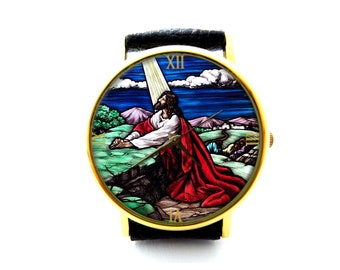 Jesus Christ Praying Leather Watch, Religious Ladies Watch, Unisex Watch, Jesus Jewellery