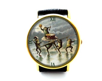 Frogs's Party Leather Watch, Frog Chorus Ladies Watch, Unisex Watch, Funny Frog Jewellery