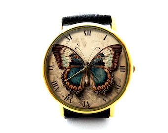 Vintage Butterfly Leather Watch, Butterfly Watch, Unisex Watch, Butterfly Jewelry, Butterfly Gift, Holiday Gift