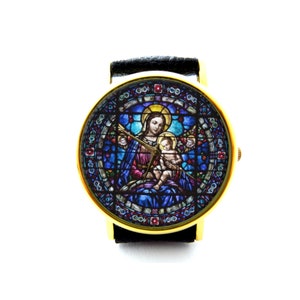 Reloj de cuero con vitrales de la Virgen María y el Niño, reloj de mujer de la Virgen María, reloj unisex, joyería cristiana, joyería del Niño Jesús