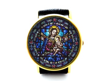 Virgin Mary and Child Stained Glass Leather Watch, Virgin Mary Ladies Watch, Unisex Watch, Christian Jewelry, Baby Jesus Jewelry