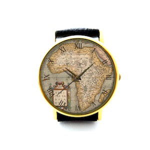 Leren horloge met antieke kaart van Afrika, dameshorloge met kaart van Afrika, uniseks horloge, kaart van Afrikaans continent, sieraden