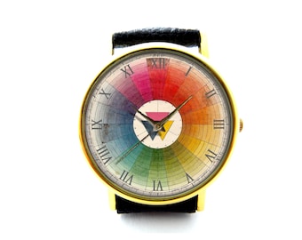 Vintage Color Wheel Leather Watch, Color Wheel, Color Wheel Accessory, Ladies Watch, Unisex Watch, Color Wheel Jewelry, Pattern 2