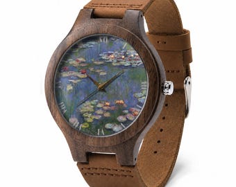 Monet Inspired Water Lily Wooden Mechanical Watch, Impressionist Pond Art Timepiece