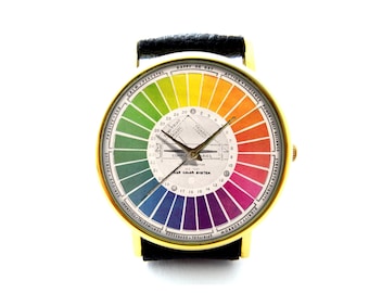 Vintage Color Wheel Leather Watch, Color Wheel, Color Wheel Accessory, Ladies Watch, Unisex Watch, Color Wheel Jewelry, Pattern 1