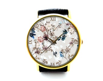 Vintage Flower Leather Watch, Vintage Rose Watch, Floral Watch, Ladies Watch, Unisex Watch, Floral Jewelry