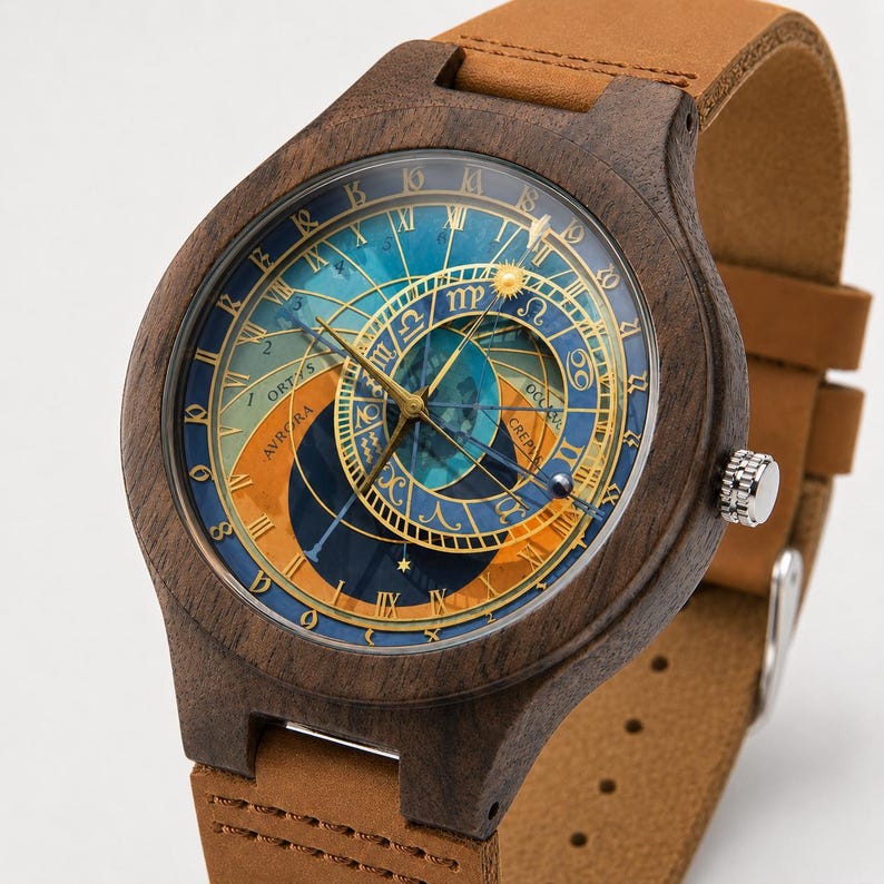 Puede incluir: Un reloj de pulsera de madera con una correa de cuero marr&oacute;n. La esfera del reloj presenta un dise&ntilde;o celeste con detalles azules, dorados y naranjas. La caja del reloj es de color marr&oacute;n oscuro.