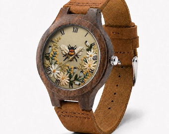 Bee Floral Wooden Watch, Embroidery Style Printed Dial, Leather Strap Gift