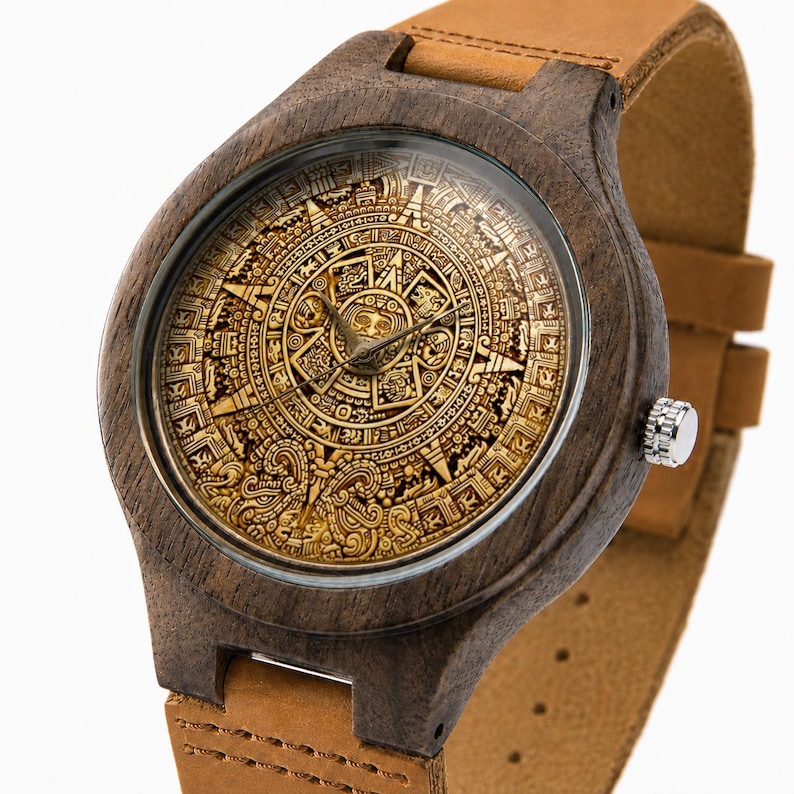 Aztec Calendar Wood Watch, Ancient Mayan Dial Leather Wristwatch - Etsy UK