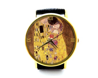 The Kiss Leather Watch, Gustav Klimt Watch, The Kiss Art Unisex Watch, Gustav Klimt Jewelry