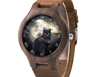 Reloj gótico de cuero de madera de gato negro, reloj de madera de gato de luna llena, reloj de gato, reloj tamaño hombre, joyería de gato negro