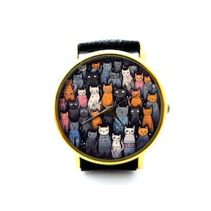 Cats Big Family Leather Watch, Cats Ladies Watch, Cat Unisex Watch, Cat Jewelry