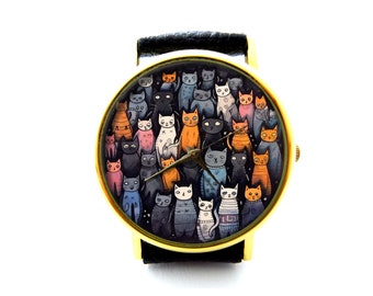 Orologio Cats Big Family in pelle, orologio da donna Cats, orologio unisex Cat, gioielli Cat