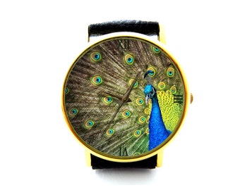 Peacock Portrait Leather Watch, Peacock Art Ladies Watch, Unisex Watch, Peacock Jewelry