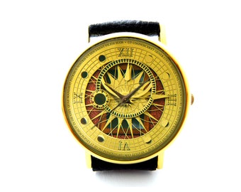 Vintage Clock Leather Watch, Steampunk Ladies Watch, Unisex Watch, Steampunk Astrology Jewellery