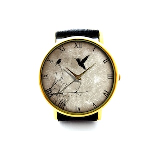 Birds And Moon Leather Watch, Unisex Watch, Ladies Watch, Mens Watch, Birds Jewelry, Pattern 2