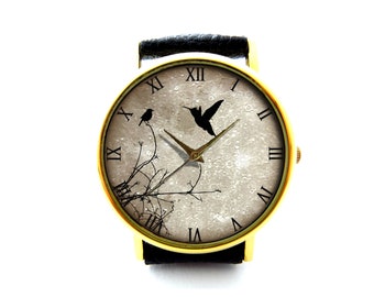Birds And Moon Leather Watch, Unisex Watch, Ladies Watch, Mens Watch, Birds Jewelry, Pattern 2
